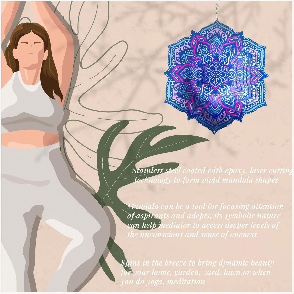 Mandala Wind Spinner Outdoor Mental Wind Spinner for Yard, Garden, Meditation, Yoga Decor Hanging
