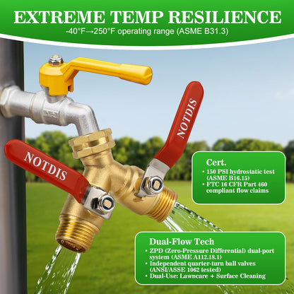 Hose Splitter 2 Way Heavy Duty Brass Garden Hose Splitter with 304 Stainless Steel Long Handle