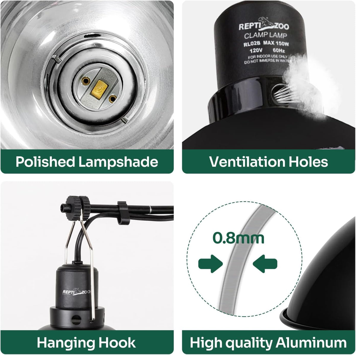 REPTI ZOO Reptile Light Fixture Dimming Thermostat Combo Pack, 8.5 Inch Deep Dome Lamp Fixture Max
