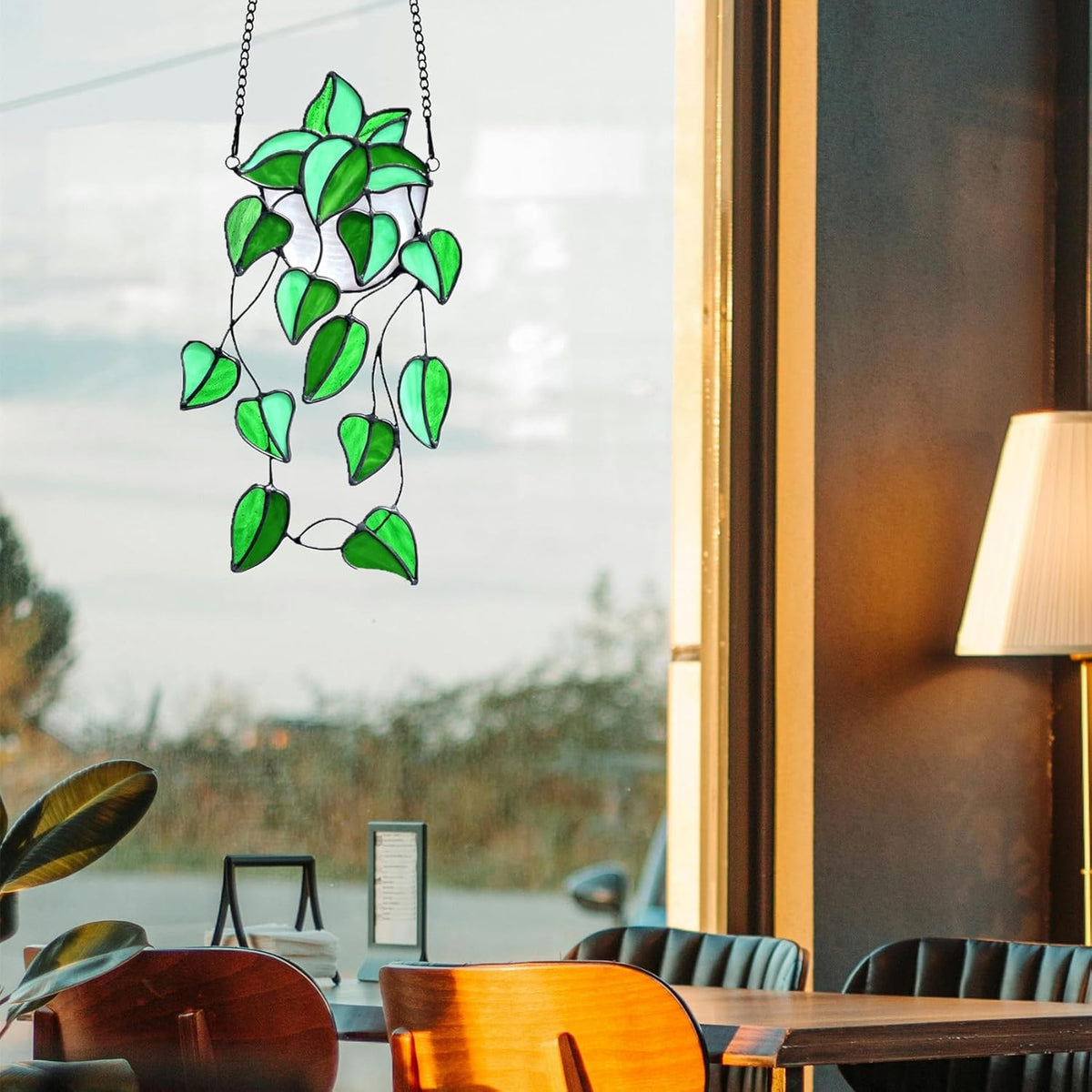 Green Faux Plants Stained Glass Window Hanging Suncatcher, Artificial Plants Decor Gift for Women