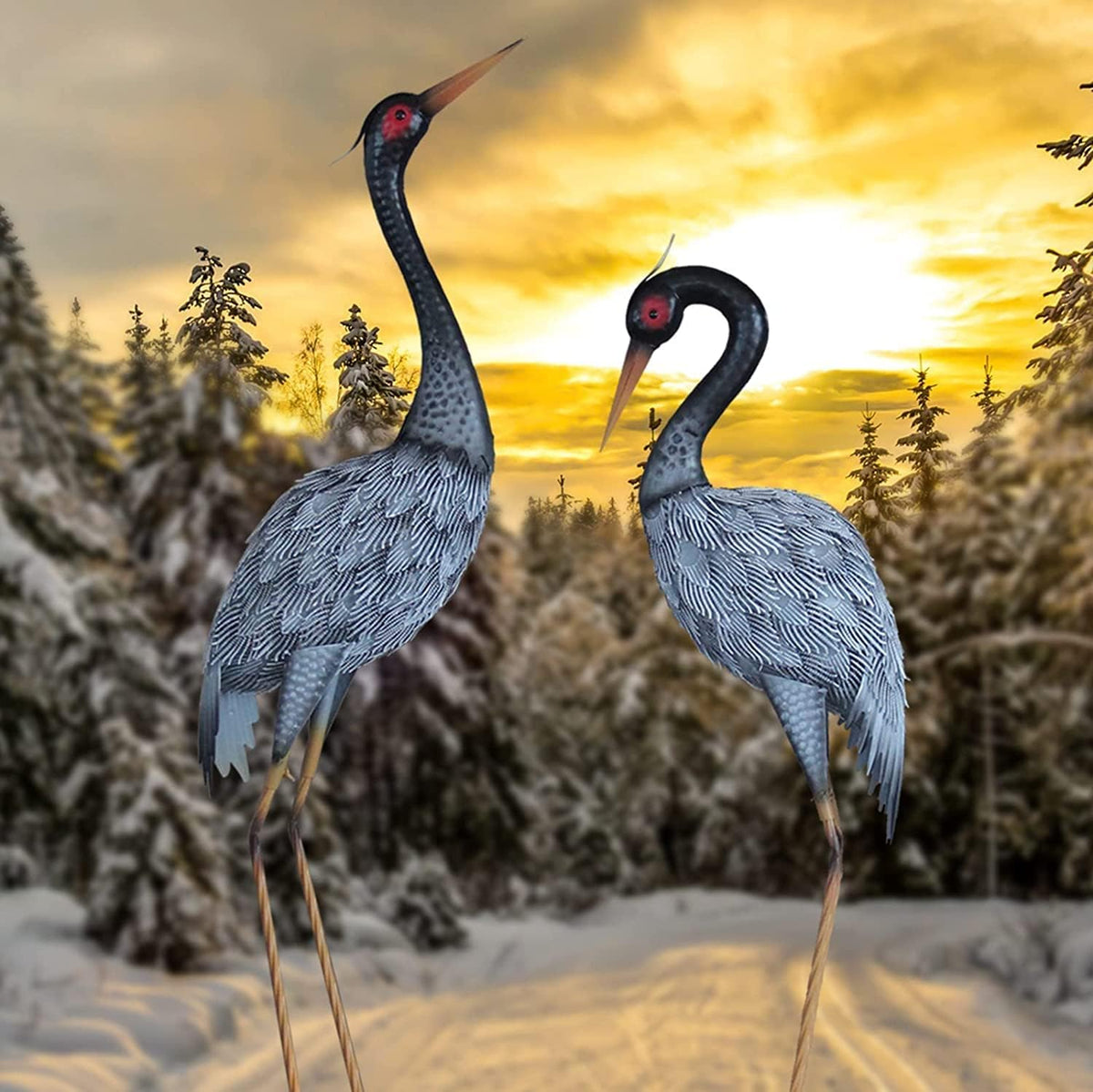 Crane Statue Garden Décor, Metal Heron Statue Yard Art for Outdoor Patio Lawn Backyard Pool Front