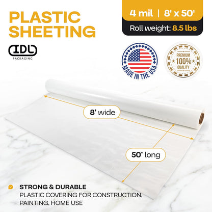 Plastic Sheeting 4 mil, 8' x 50' (400 sq. ft.) - Thick Semi-Clear Plastic Sheeting for