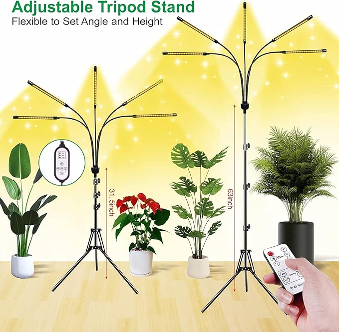 5-Head Adjustable LED Lights, Full Spectrum Grow Lamp with Timer, Warm White Light for Indoor Plants