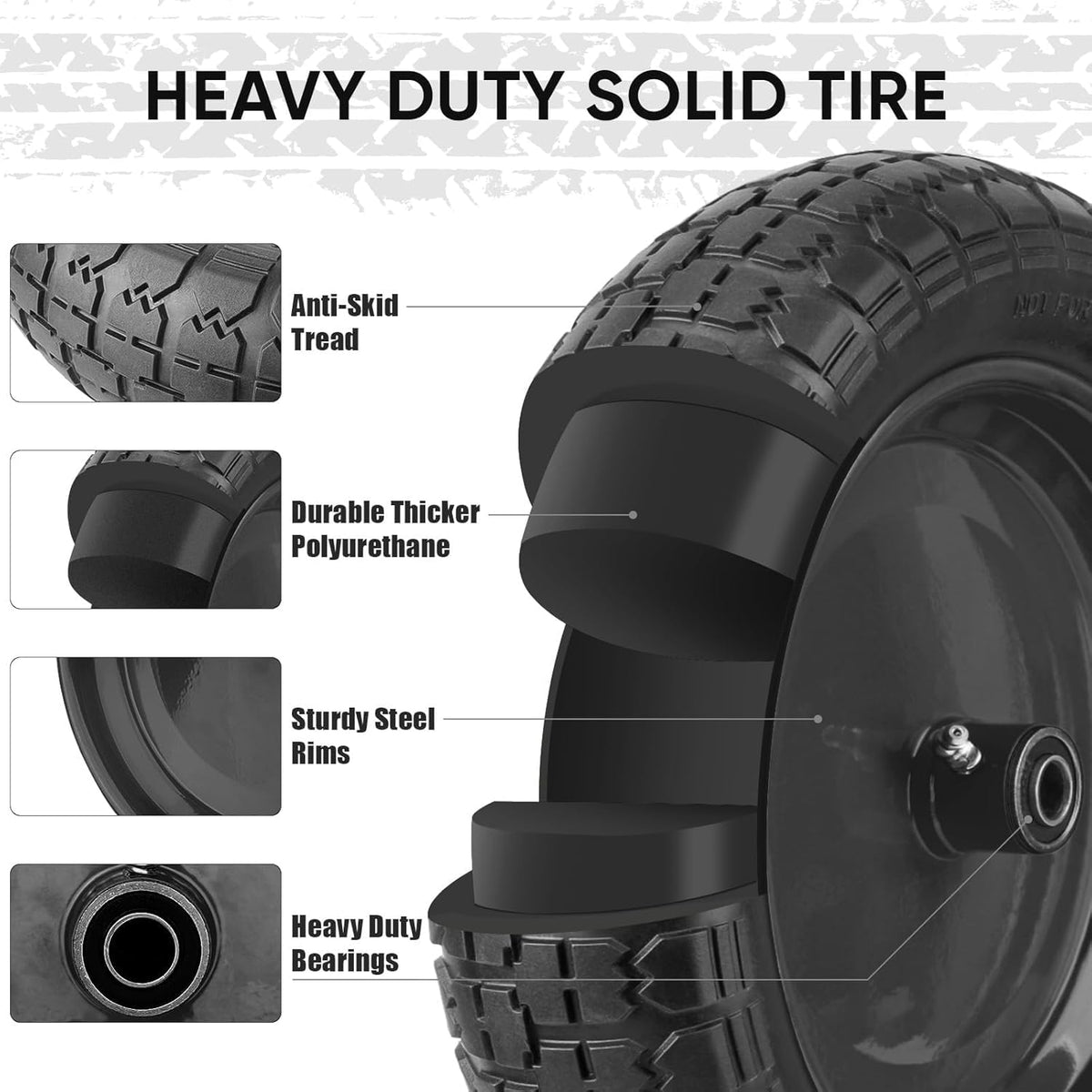 TICONN 4.80/4.00-8 Tire, 14.5" Flat Free Wheelbarrow Tire and Wheel, Solid Replacement Tires with