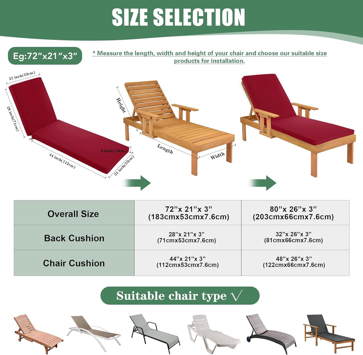 Chaise Lounge Cushions Outdoor Set of 2 - Waterproof and Fade Resistant Sun Lounger Replacement
