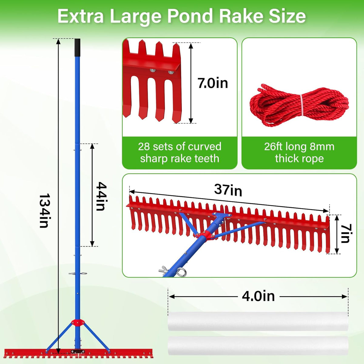 Lake Rake,Pond Rake Aquatic Weed Rakes,Large Heavy Duty Aluminum Aquatic Rakes with 7" Metal Tines