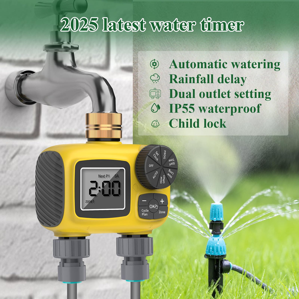 TRJZWA 150FT Drip Irrigation System Kit with 2 Zone Water Timer for Garden