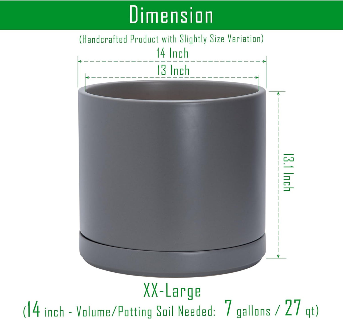 D'vine Dev 14 Inch Ceramic Planter Pot with Drainage Hole and Saucer, Indoor Cylinder Round Planter