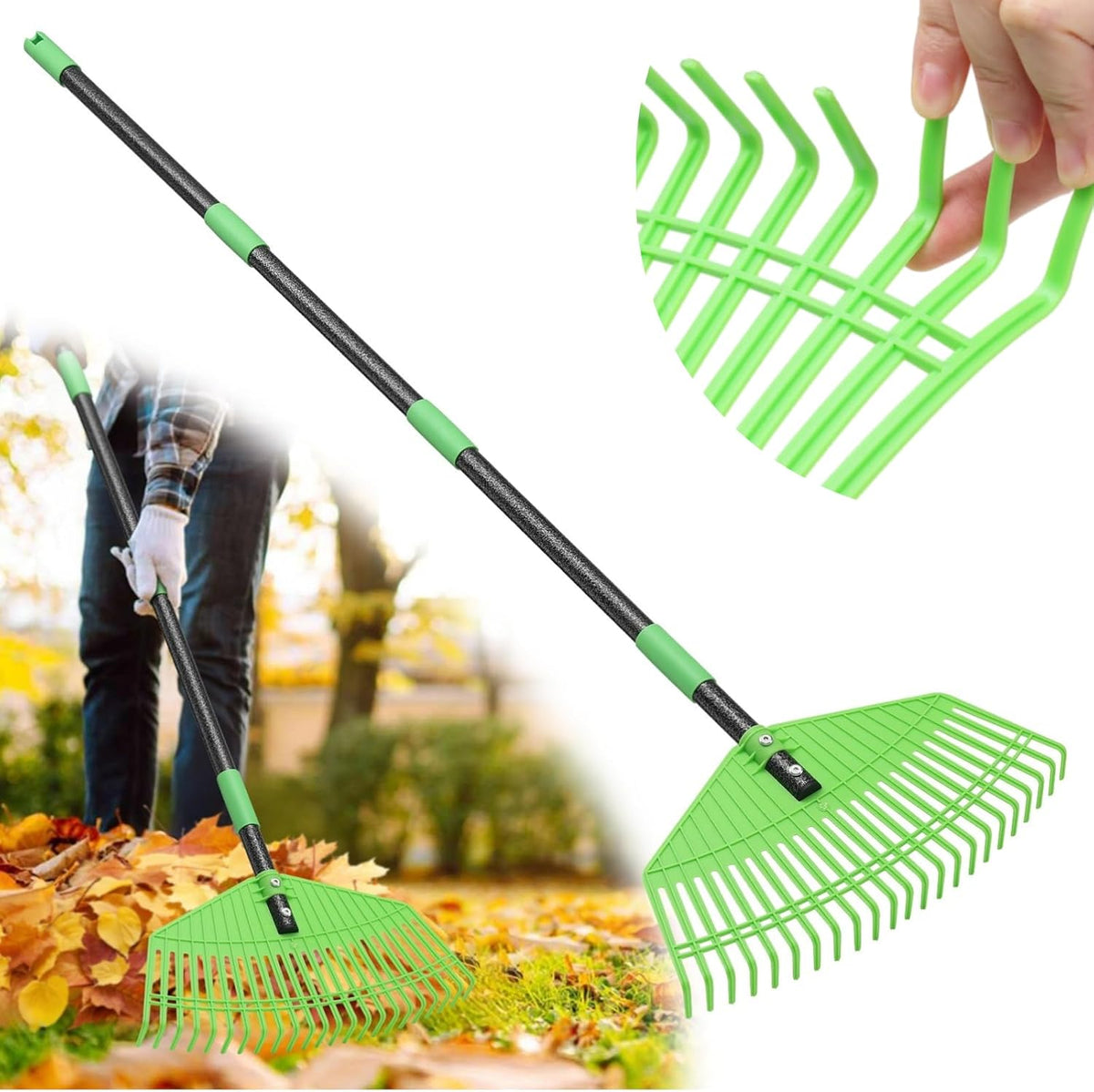 Plastic Leaf Rake with Adjustable 65'' Handle - Lightweight Outdoor Yard Rakes for Leaves,Grass &