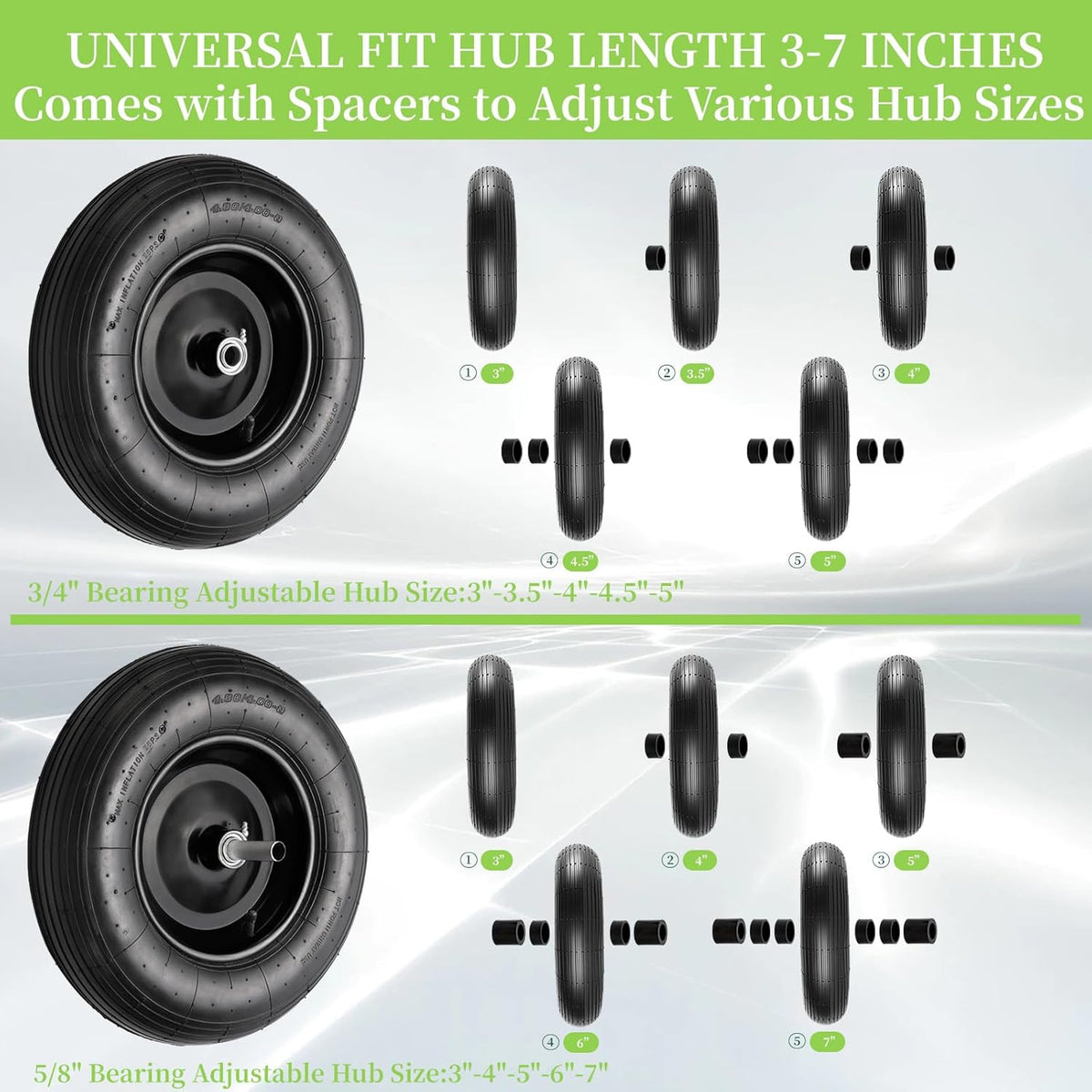 RRQ (2 Pack) 4.80/4.00-8 Tire and Wheel, 16" Pneumatic Wheelbarrow Tires with 3" Centered Hub and