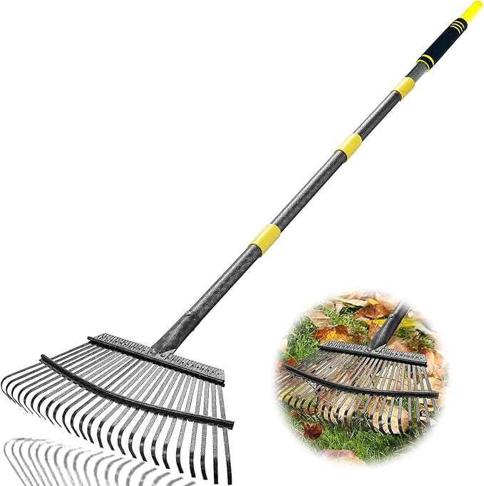 Garden Leaf Rakes, 6FT Rake for Lawns Heavy Duty 25 Metal Tines 18.5 inch Wide, Adjustable Steel