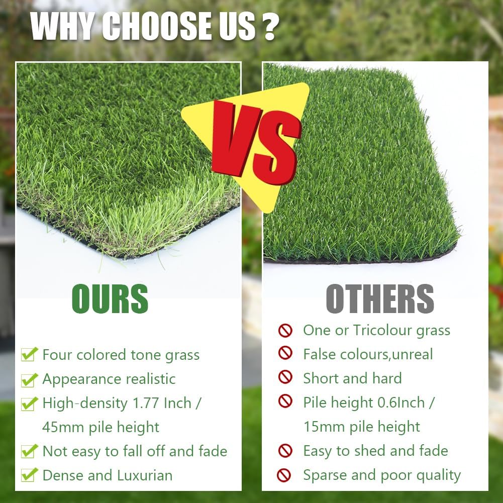Petgrow Luxurious Artificial Grass Realistic Turf 8 X 50 Feet,1.57 Inch Pile Height Ultrathick