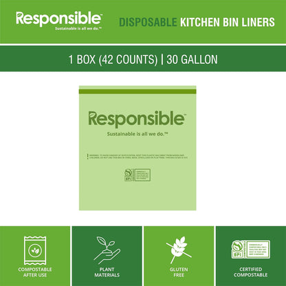 Responsible Products Kitchen Bin Liners, Certified Compostable, Heavy Duty Multipurpose Food Scrap