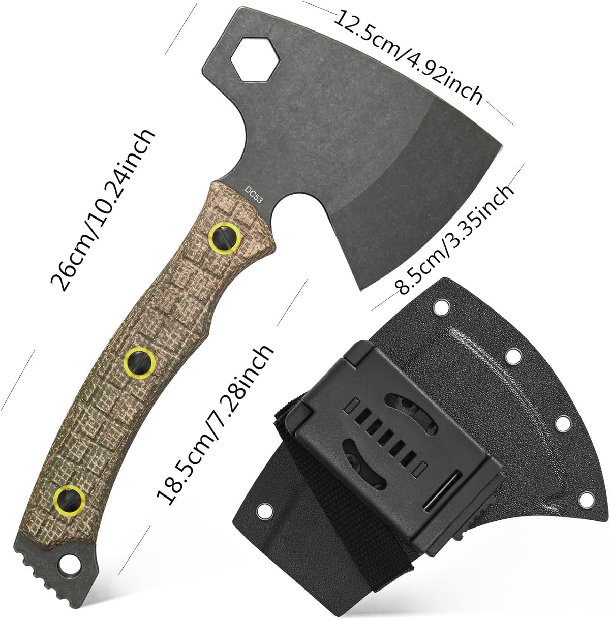 C1393 Camping Hatchet Survival Axe,DC53 Steel Blade with Micarta Handle Multitool Axe Hex Wrenches