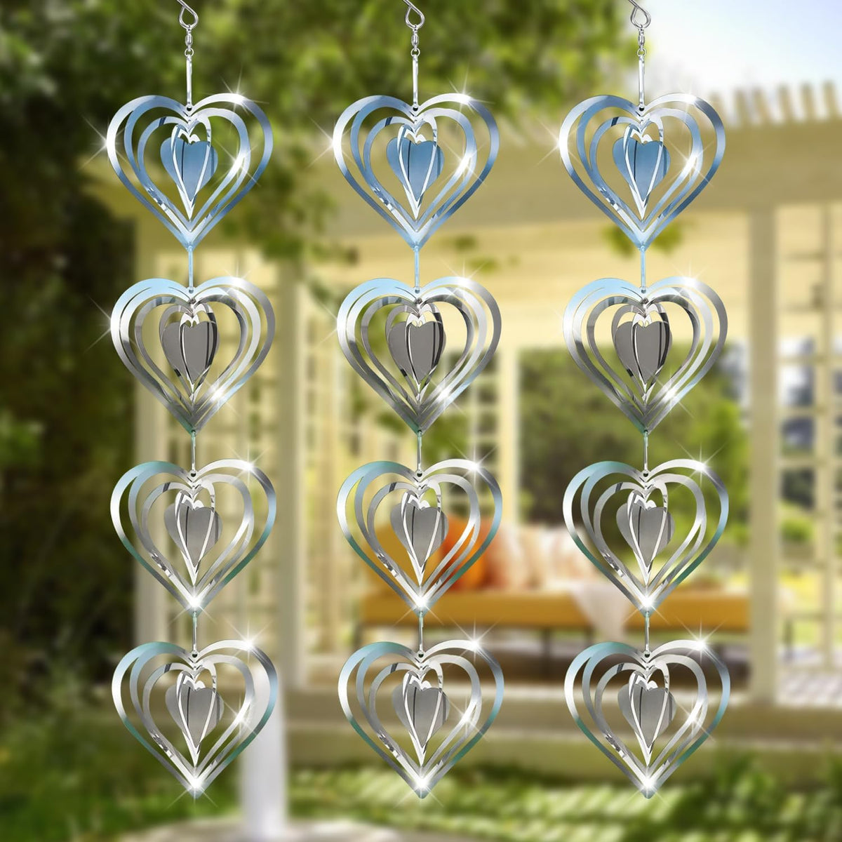12 Metal Heart Bird Scarer Discs Set, Wind Spinners 3D Helix Reflector Stainless Steel Sparkly