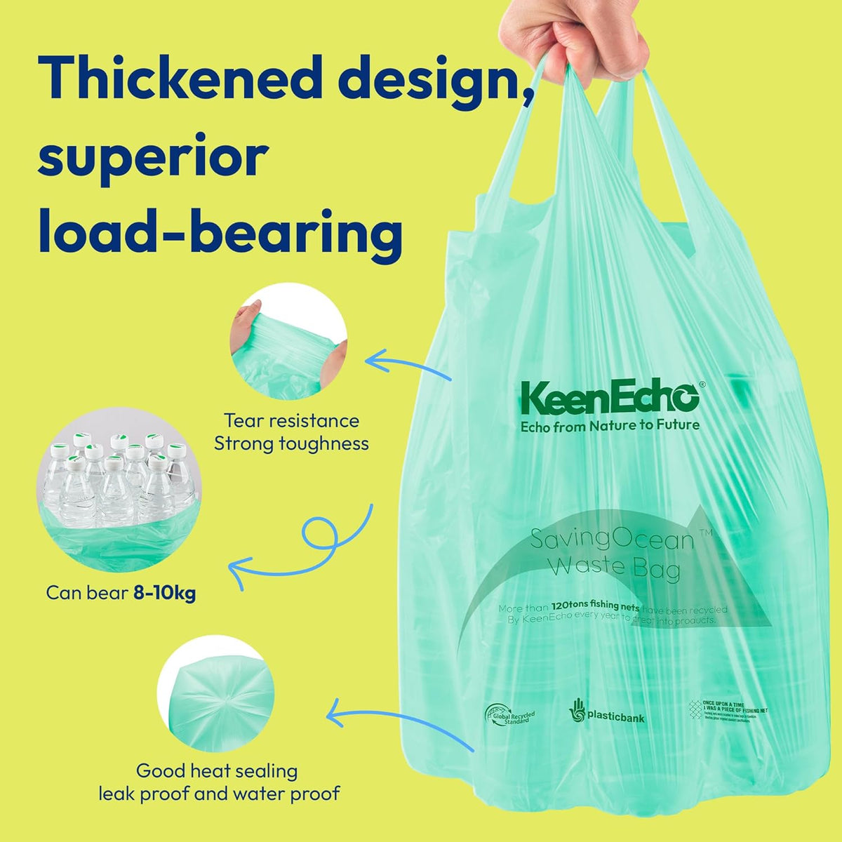 2.6 Gallon 200 Counts Small Green Trash Bags with Handle, Ocean Fishing Nets Upcycling, Sage & Sea