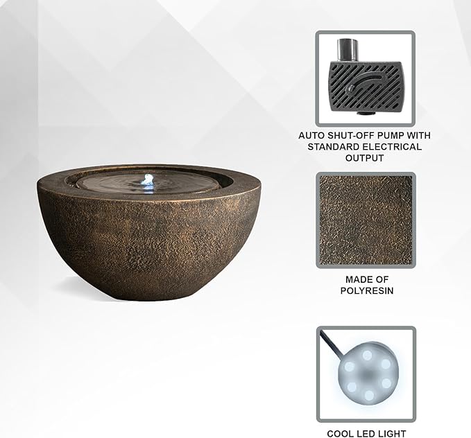 Xbrand 19.8" W Round Polyresin Indoor/Outdoor Sphere Water Fountain with LED Light, Garden/Patio