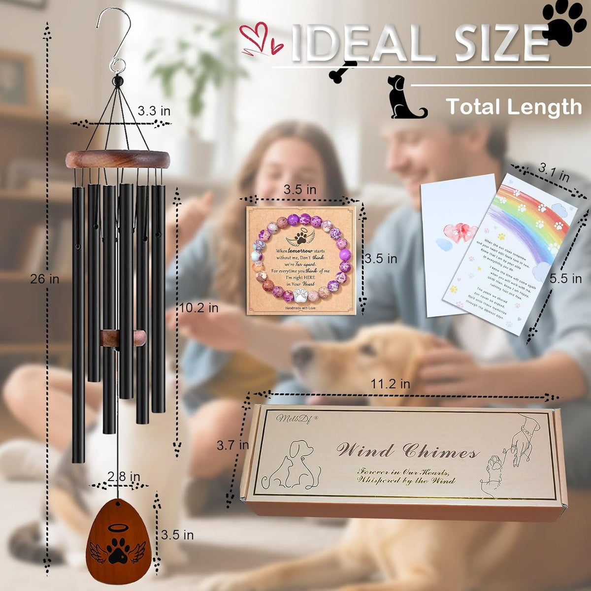 Pet Memorial Wind Chime Gift Set with Bracelet, Wooden Ornament and Sympathy Card, Black&Golden