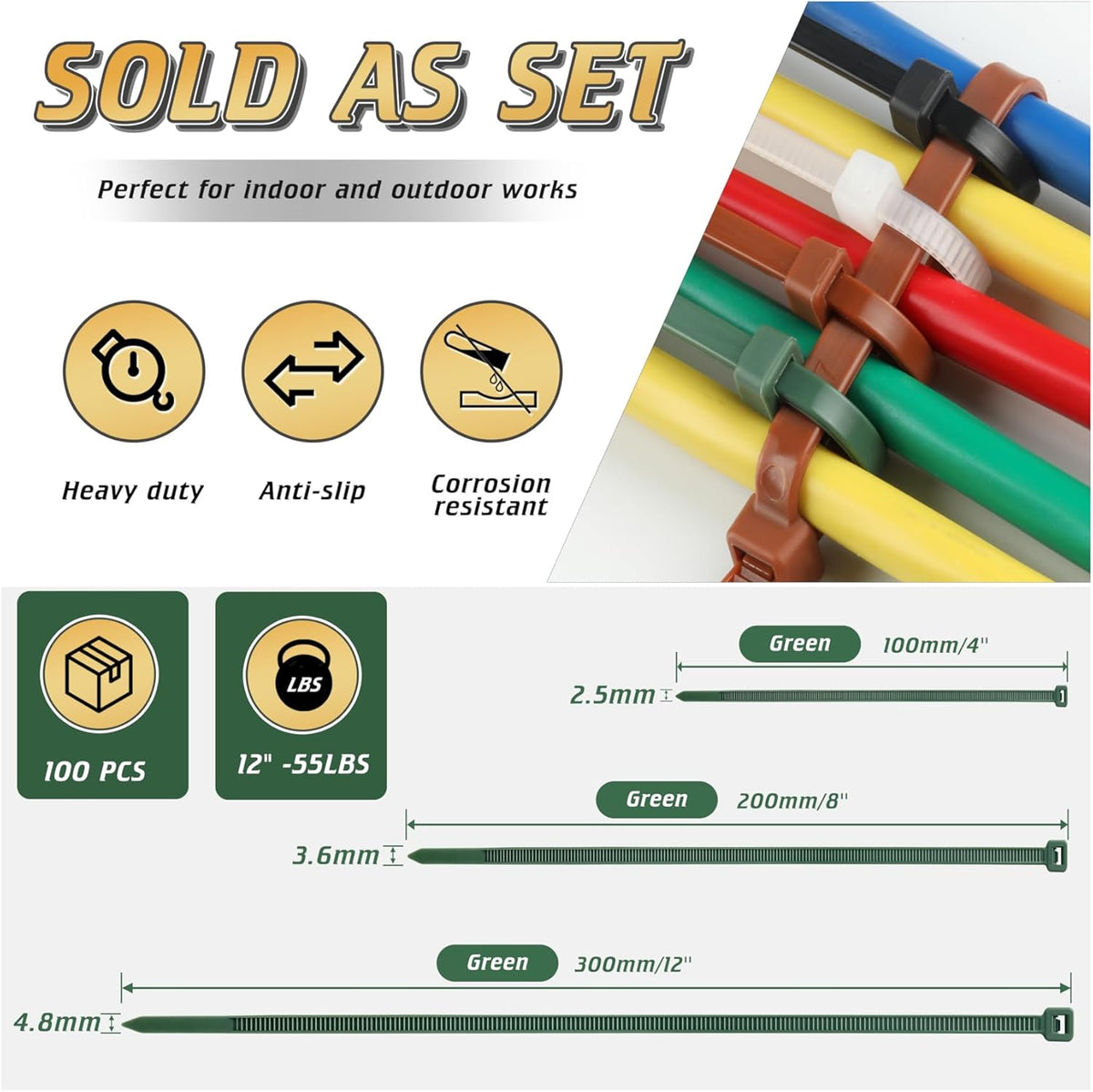 12 Inch 4.8mm Green Zip Ties, 55 Lbs PA66 Heavy Duty Plastic Wire Ties, Premium Self-locking Nylon