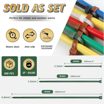 12 Inch 4.8mm Green Zip Ties, 55 Lbs PA66 Heavy Duty Plastic Wire Ties, Premium Self-locking Nylon