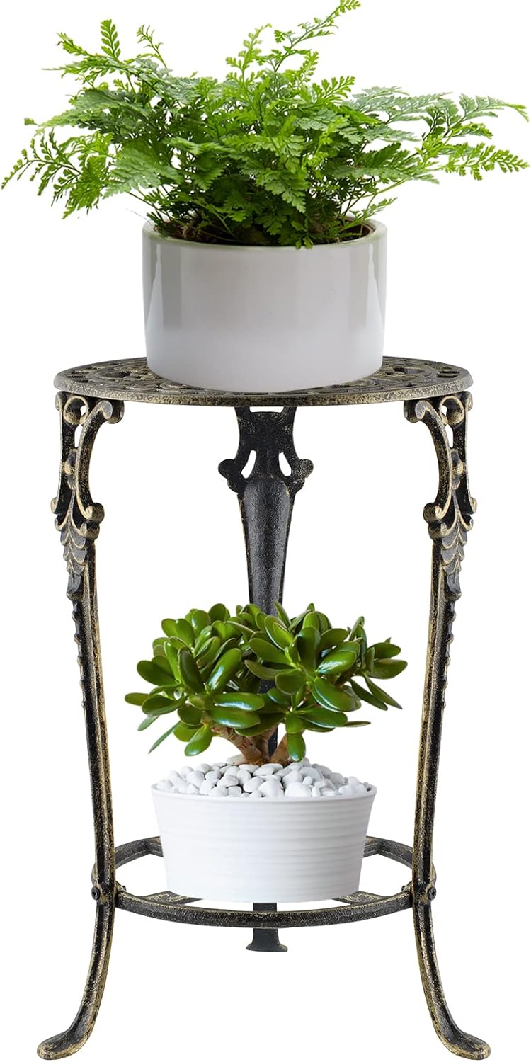 MDLUU Cast Iron Potted Plant Stand 18.8 Inch Tall, 2-Tier Planter Rack, Heavy Duty Flower Pot