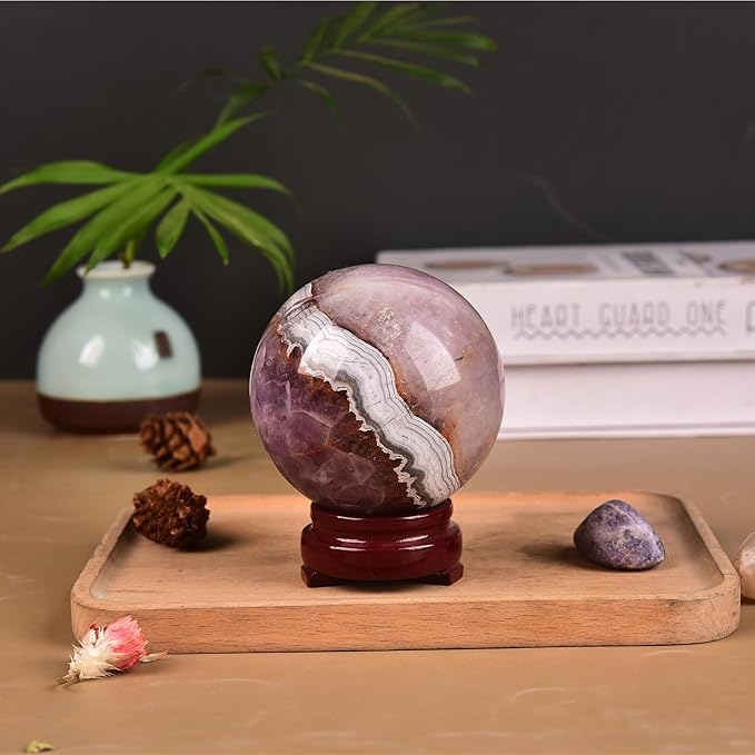 JIC Gem Natural Amethyst Agate Crystal Sphere Ball Purple Crystal Decorative Ball with Wooden Stand