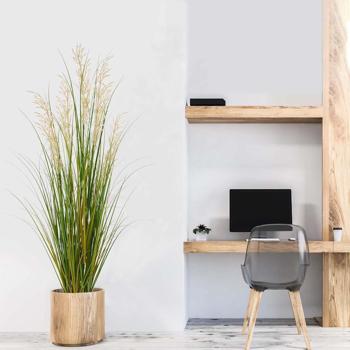 Artificial Plant, 47in Tall, 2pk Grass, Faux House Plants in Pot, Indoor Decorative Flowers