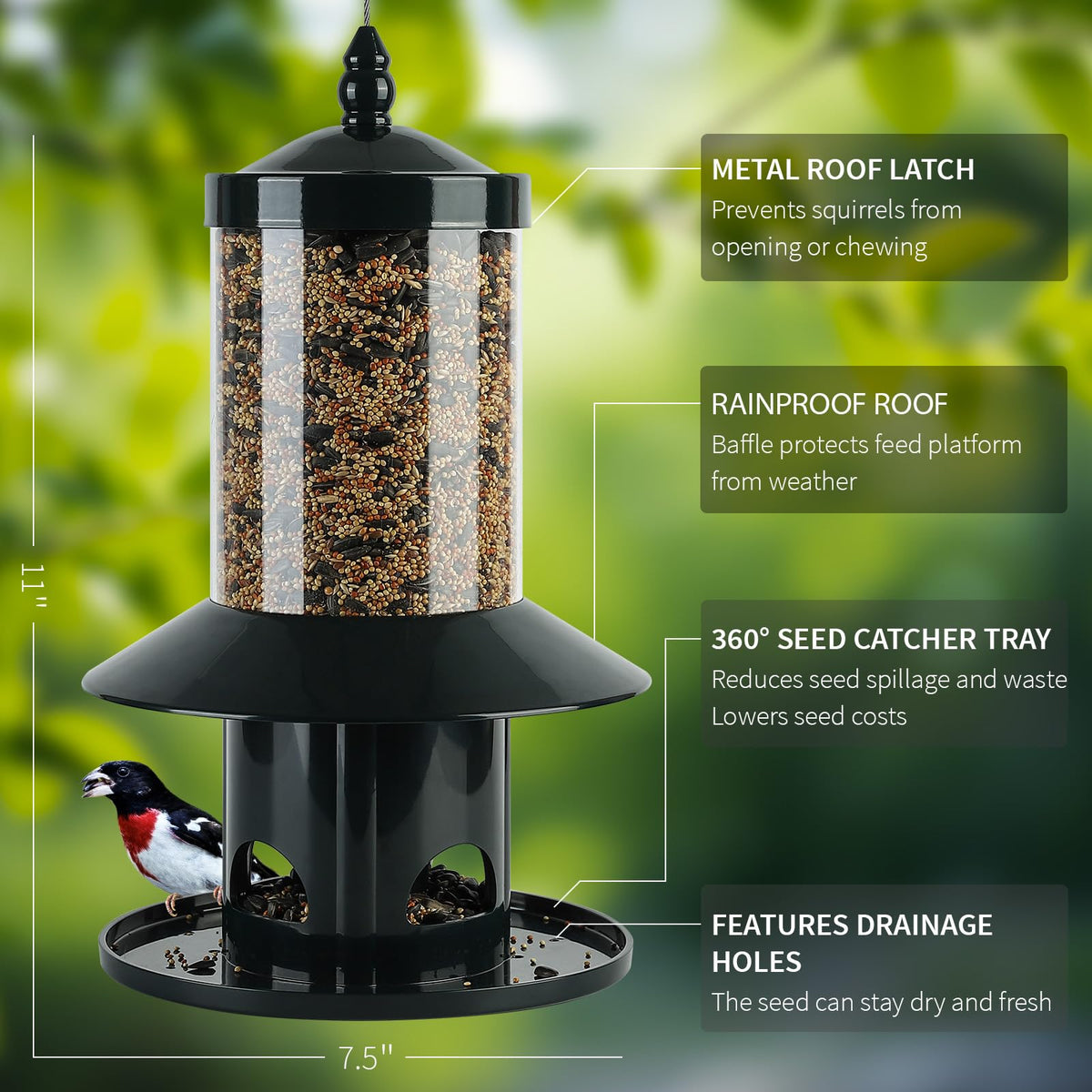 Squirrel Proof Bird Feeder - 360° Feeding Perch Tray for Outdoor Hanging Wild Bird Seeds, Dark