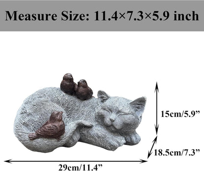 Cat Statue Outdoor Garden Decor - 11.4" Sparrows on Cat Figurine Memorial Grave Markers Garden