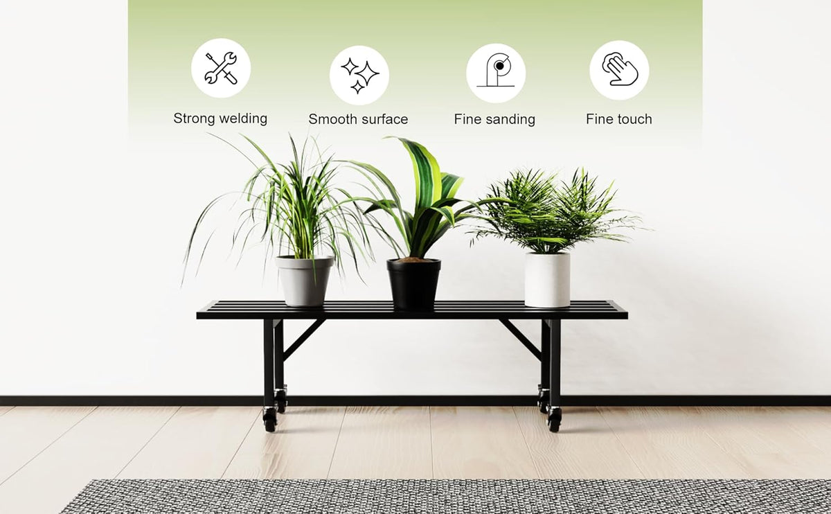 Zhongma One Tier Metal Plant Stand with Wheels,(35.43 L x 8.66 W x 10.3 H) Heavy Duty Plant Holder