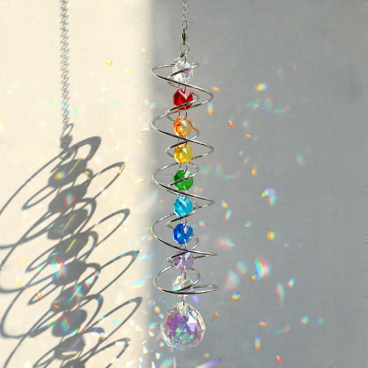 Suncatcher Wind Spinner Gazing Ball Spiral Tail, Crystal Sun Catchers with Seven Chakra Beads