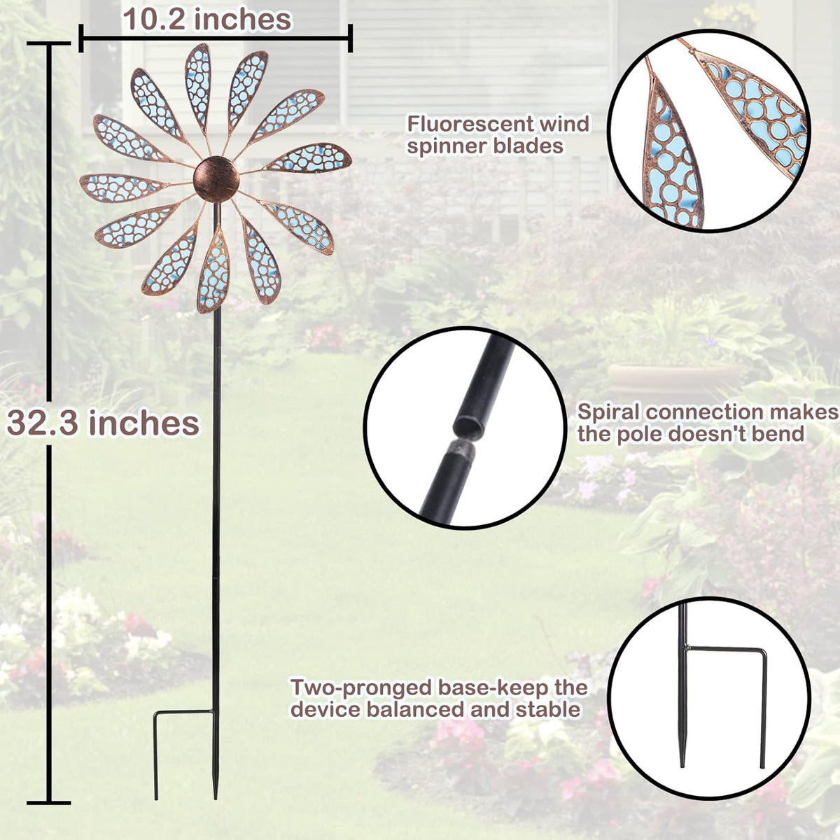 DREAMYSOUL Outdoor Wind Spinner 33" Metal Wind Sculpture Waterproof Fluorescence Wind Spinners for