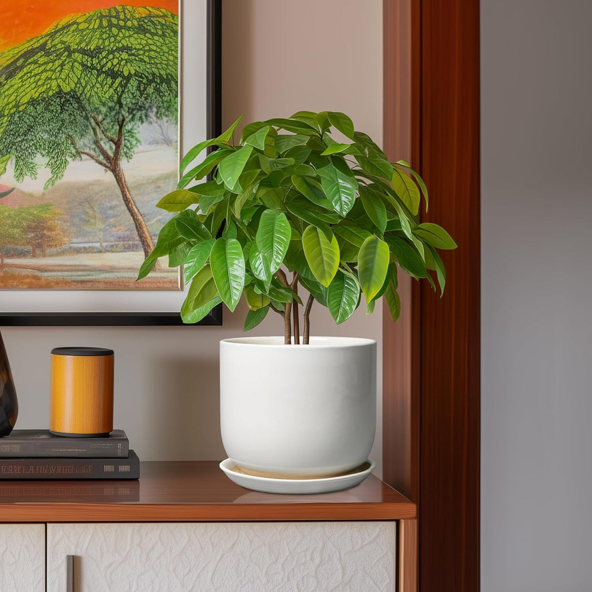 Ceramic Plant Pot - Modern 8 Inch Round Planter for Indoor Outdoor Plants with Drainage Hole and