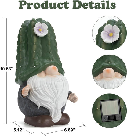 Solar Cactus Gnome Statue Garden Decor Light - Outdoor Decorative LED Flower, Suitable for Patio