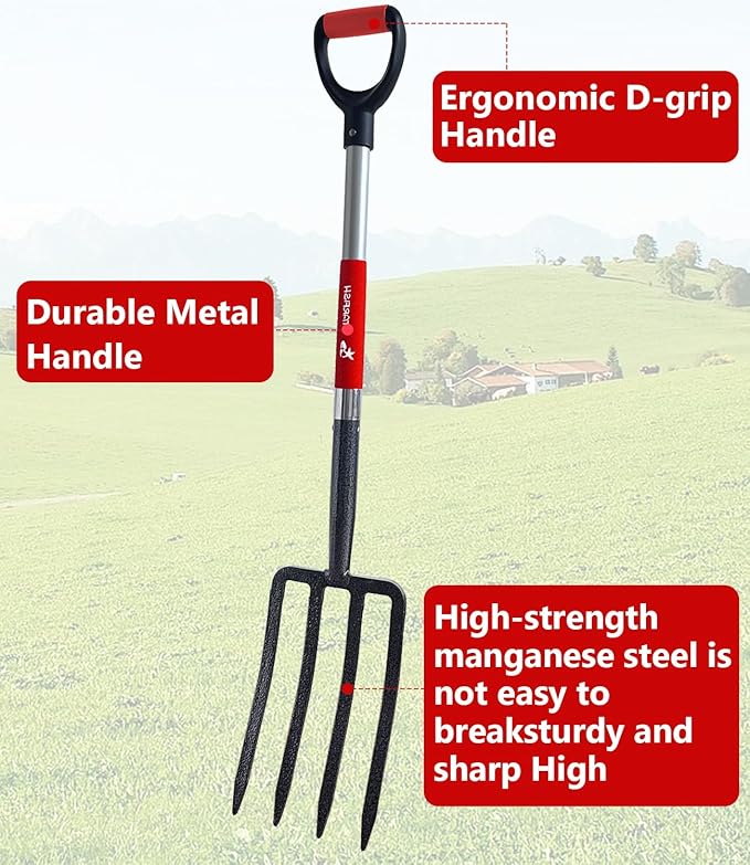 Digging Spading Fork Forged Steel with D Grip Handle 41??Premium 4-Tine Spading Digging Fork Sturdy