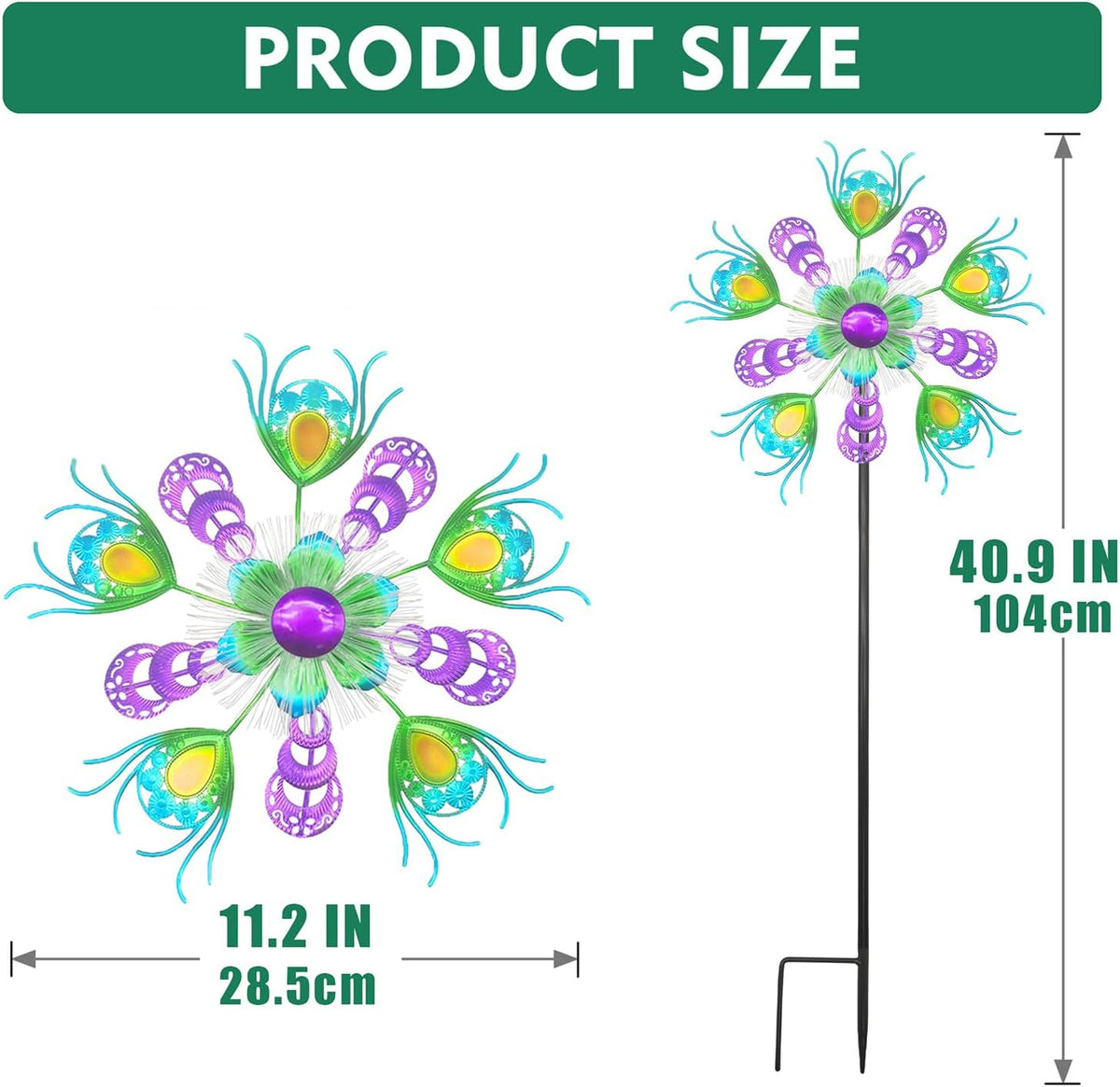Solar Peacock Wind Spinners for Yard & Garden - 40 Inch Metal Wind Sculpture, Kinetic Windmill with