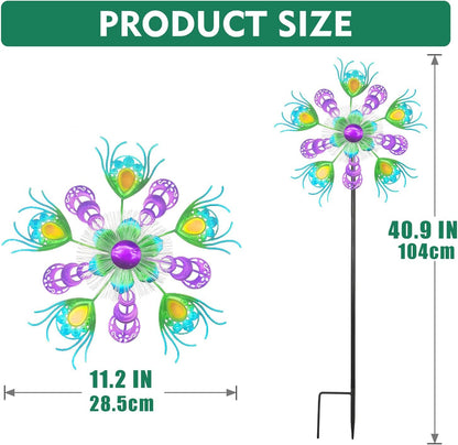 Solar Peacock Wind Spinners for Yard & Garden - 40 Inch Metal Wind Sculpture, Kinetic Windmill with
