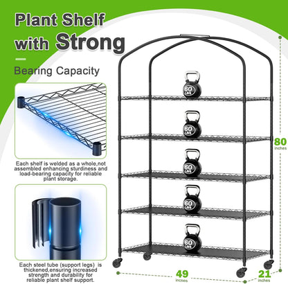 Abimars 5-Tier Greenhouse with Caster Wheel, Each Shelf Height Adjustable Metal Plant Shelf with