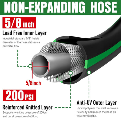 Heavy Duty Garden Hose 50ft, NON-EXPANDABLE Flexible Water Hose, Kink Resistant Lightweight Hybrid