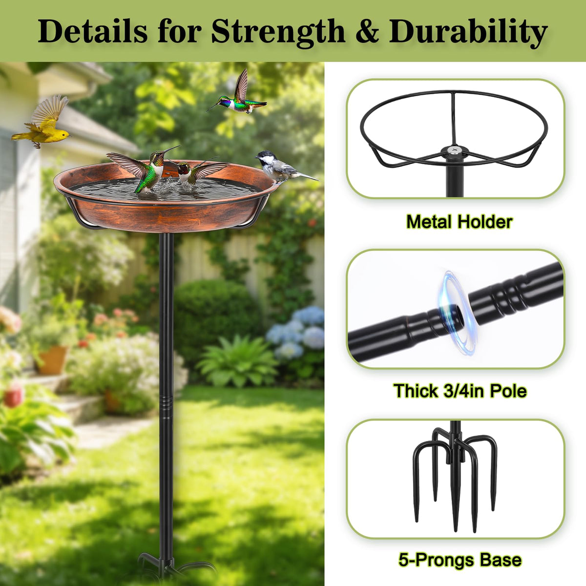 Gtongoko Metal Bird Bath for Outdoors, 34" Tall Bird Bath with 12" Removable Bowl, Heavy Duty