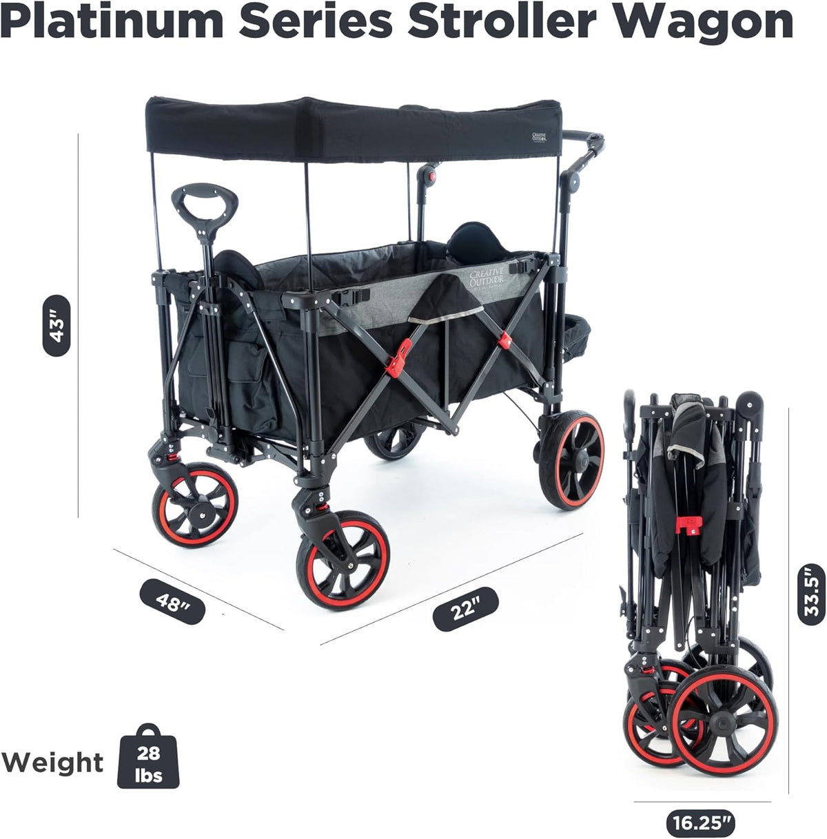 Creative Outdoor Push Pull All-Terrain Collapsible Folding Stroller Wagon for Kids, 150lbs Weight