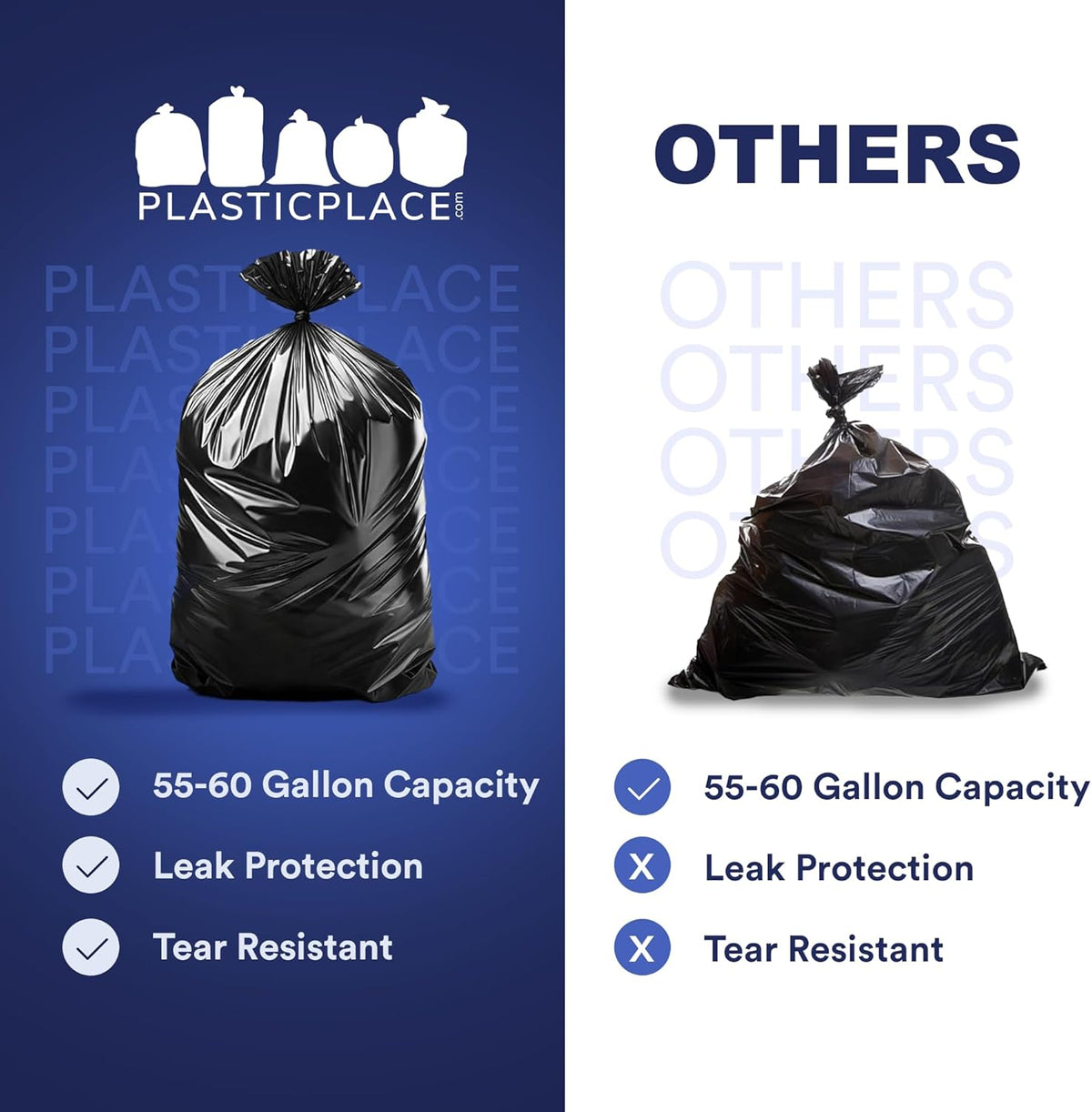 Plasticplace 55-60 Gallon Trash Bags, Heavy Duty Black Garbage Bags, 100 Count for Lawn, Yard, and