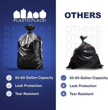 Plasticplace 55-60 Gallon Trash Bags, Heavy Duty Black Garbage Bags, 100 Count for Lawn, Yard, and