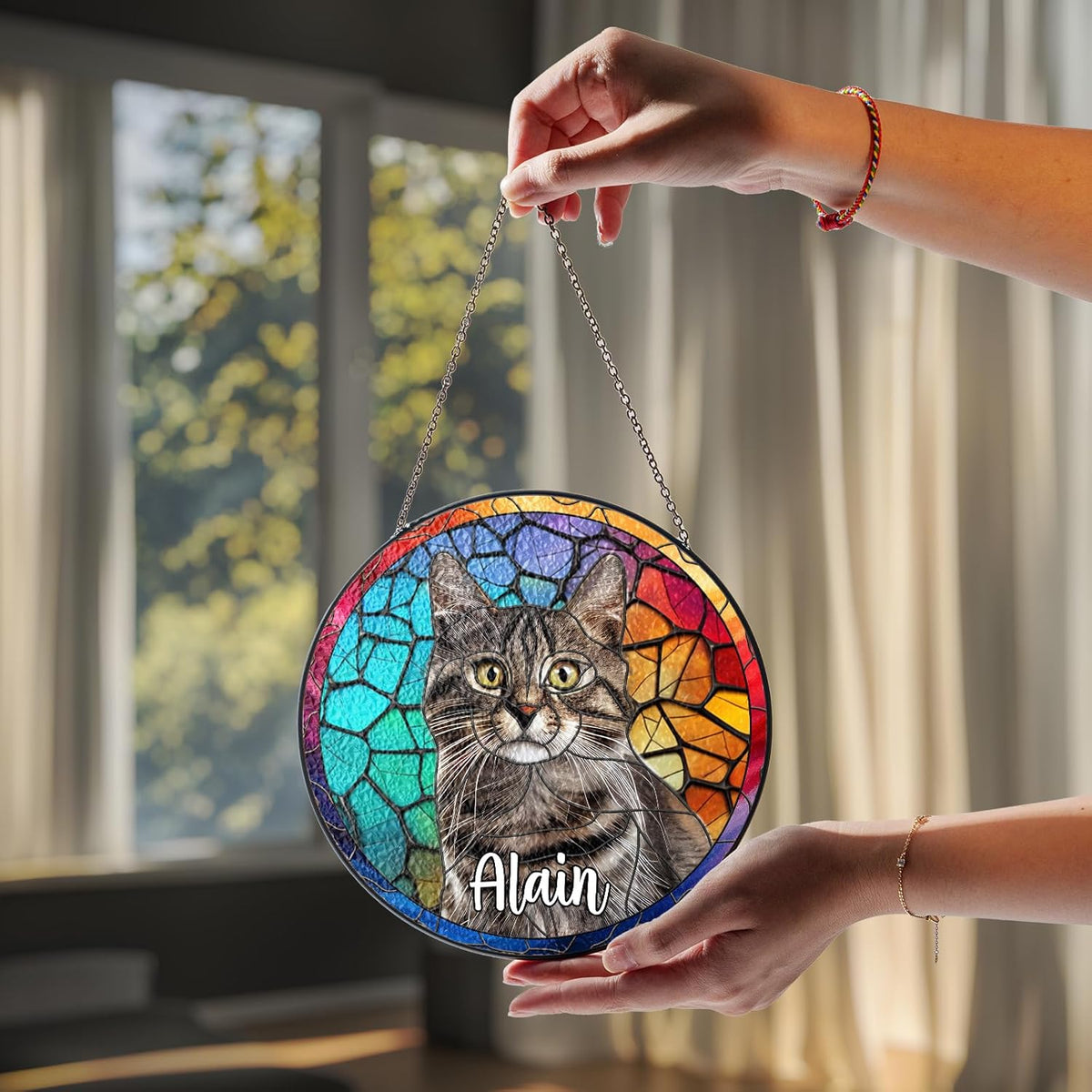 Personalized Pet Stained Glass Suncatcher Custom Name Pet Photo Ornament Window Hanging Home Decor