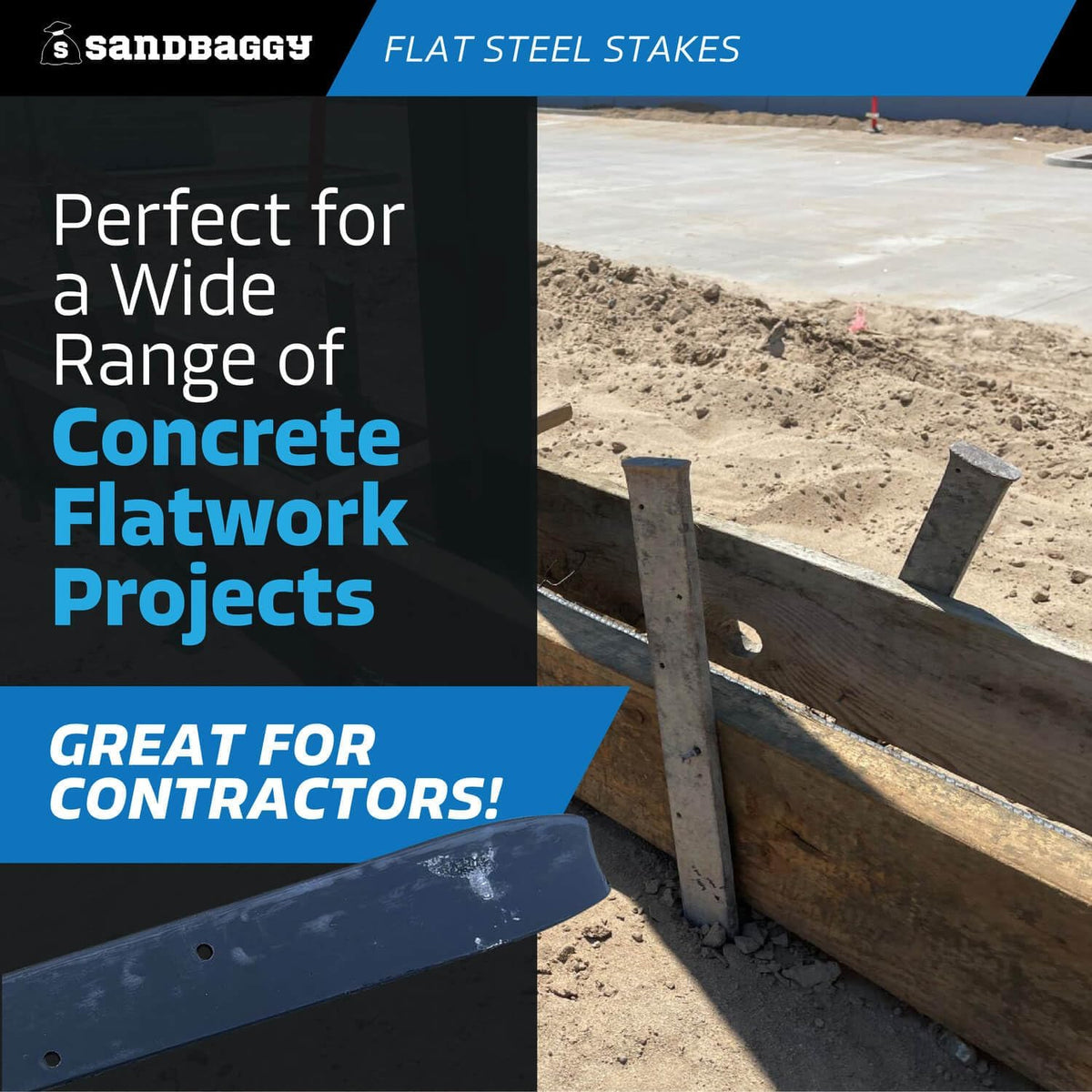 Sandbaggy Flat Steel Stakes for Concrete Forms with Nail Holes - 1.5" Wide - Painted - Removable