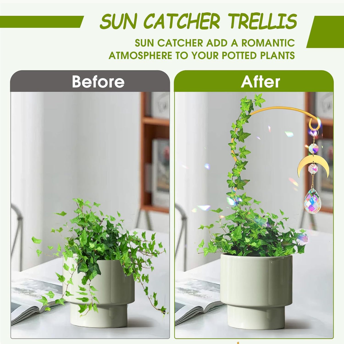 Plant Trellis for Potted Plants with Colorful Crystal Sun Catcher, 17.5 Inch Metal Plant Stakes for