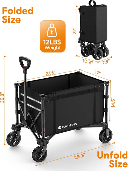 3 in 1 Collapsible Wagon Converts to Bench, 220lbs Foldable Wagon Cart with Wheels, 120L Shopping