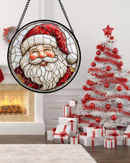 Stained Glass Window Hanging - Red White Santa Claus Suncatcher for Doors Home Christmas Decoration