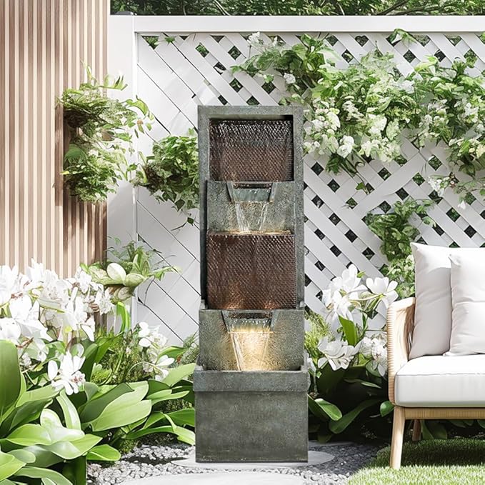 39.3”H Outdoor Garden Waterfall Fountain-Indoor Water Fountain with LED Lights, for Gardens