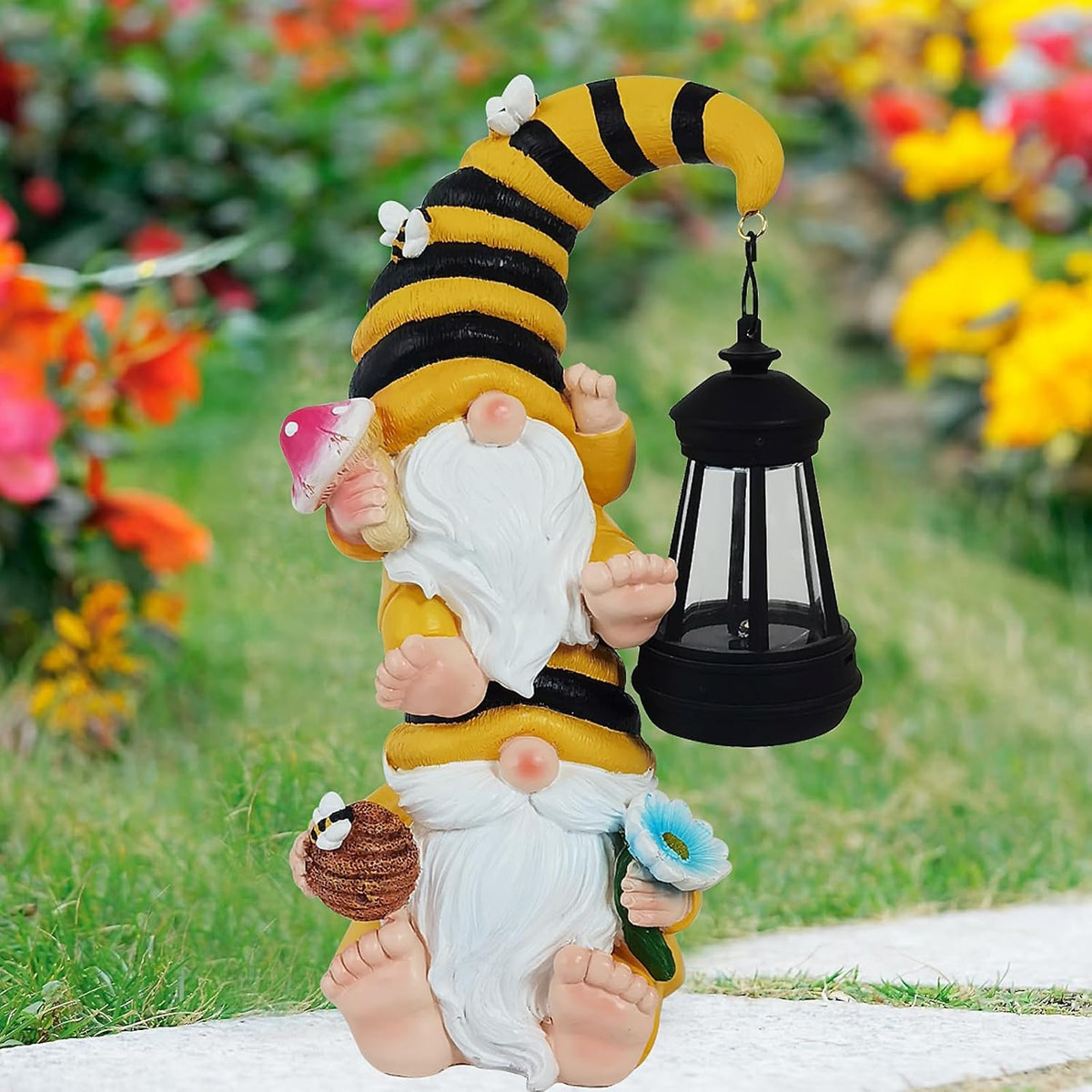 Garden Gnomes Outdoor Statue Solar Bee Garden Gnomes with Led Lantern Outdoor Decor for